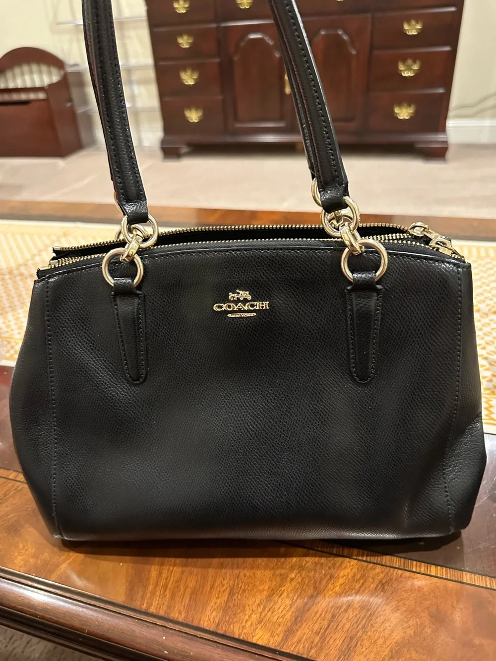 Coach Christie CarryAll Handbag in Black Pebble Grain Leather Double Zip Top EUC